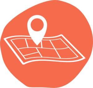 Map marker on map graphic surrounded by orange background